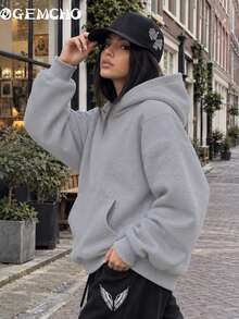 GEMCHO Women's Light Gray Loose Fit Pullover Sweatshirt, Long Sleeve Drop Shoulder Style With Kangaroo Pocket And Ribbed Hem, Suitable For Campus, Commute And Travel - Light Grey - View 3
