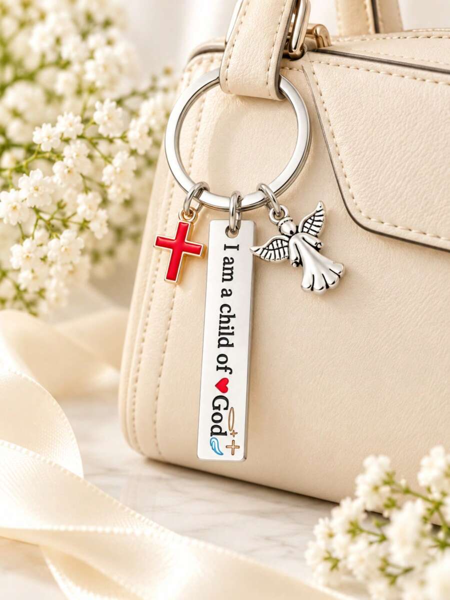 Móc khóa I Am A Child Of God hình thiên thần và thánh giá đỏ, phụ kiện túi quà tặng rửa tội Công giáo