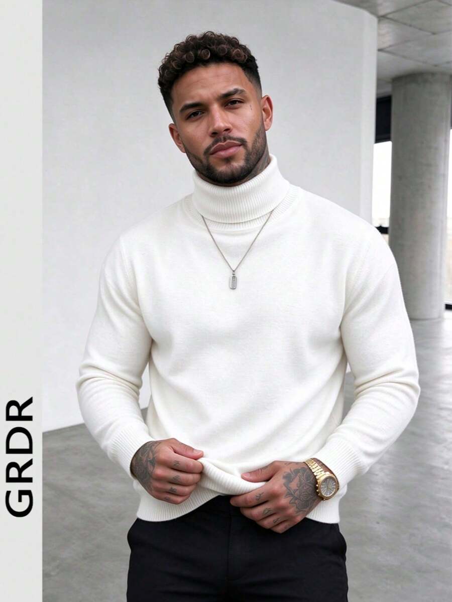 GRDR Men's Autumn/Winter New High Neck Long Sleeve Knit Sweater - White - View 1