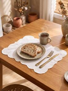 1/2/4/6pcs Wavy Floral Embroidered Solid Color Rectangular Placemats, Fresh Minimalist Style For Kitchen, Dining Table, Cups, Bowls, Non-Slip Pads, Suitable For Holidays, Parties, Birthdays, Weddings, Banquets, Office Desks, Coffee Tables, Home Decor, All Seasons Photography Background - Champagne - View 7