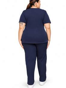 Scrub Feminino, Pijama cirúrgico em Gabardine two way , plus size  elegante    Tecido    Nenhum    Plus Size  Todas - Azul Marinho - Visão 3
