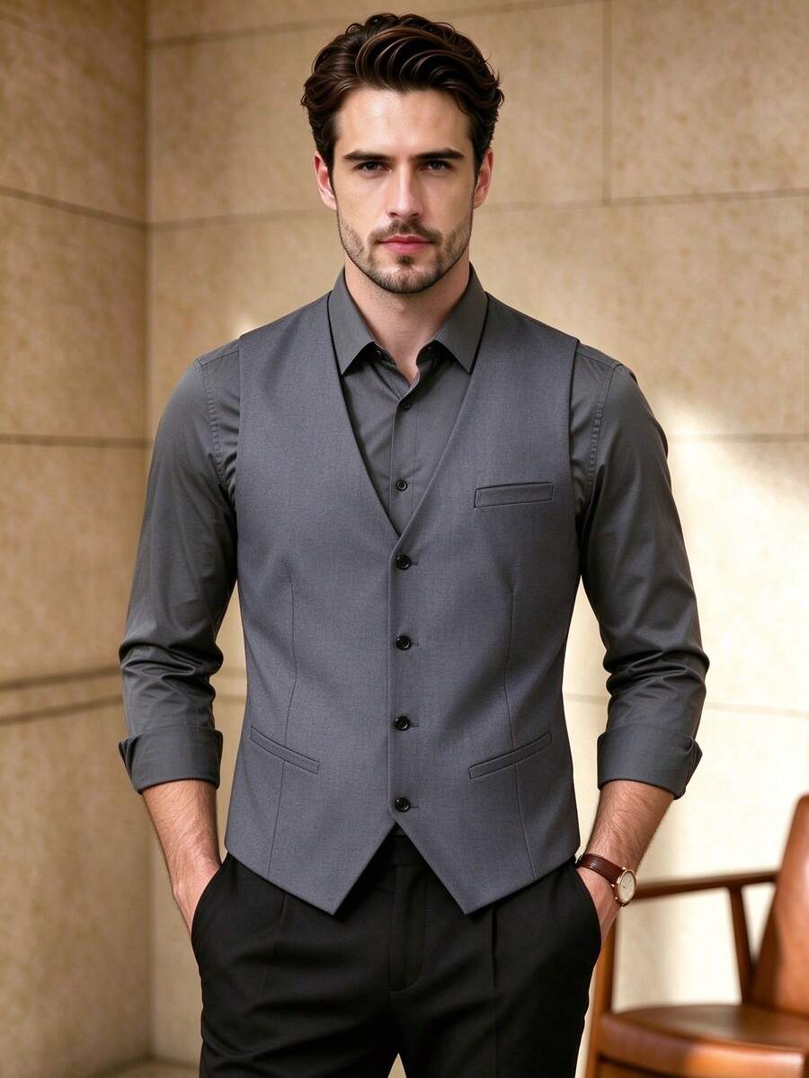 Men's Grey Formal Suit Vest, V-Neck Slim Fit Waistcoat, Suitable For Weddings And Business Occasions - Grey - View 1