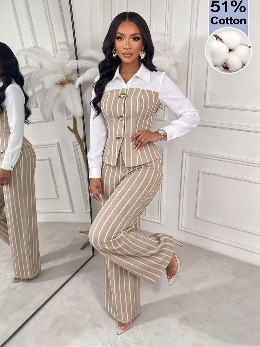 AIJ Elegant Cotton Contrast Color Lapel Long Sleeve Shirt + Vertical Striped Wide Leg Pants 2 Pieces Set, Khaki Women's Commute Daily Office Work Outfit - Khaki - View 1