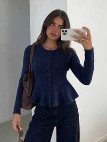 FOR BEAUTY Solid Color Round Neck Long Sleeve Waist Fitted Sweater, New Women's Commute Cardigan, New Year Fall - Navy Blue - View 1