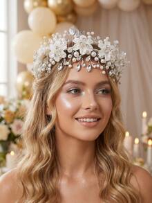 1pc Handmade Faux Pearl & Rhinestone Floral Bridal Headband, Elegant Crystal Leaf Crown Tiara Wedding Hair Accessories For Bride Prom - Multicolor - View 4