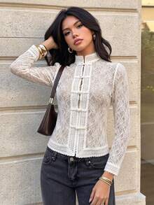 Da Jade Autumn Fashion New Chinese Style Stand Collar Frog Button Lace Long Sleeve Blouse, Ruffled Waist Slim Fit Elegant Shirt, Suitable For Dating, Outing, Gathering, Vacation - White - View 4