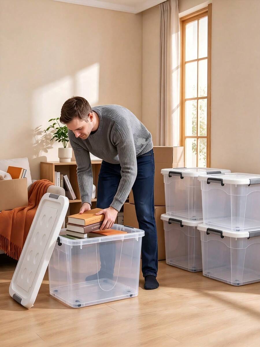 صندوق تخزين بلاستيكي شفاف متعدد الأحجام، سعة اختيارية من 13 لتر إلى 109 لتر، بطانية محكم الإغلاق مع عجلات في الأسفل، صندوق منظم قابل للتكديس شفاف للملابس والألعاب والأغراض المتنوعة - مواصفات متعددة - مشاهدة 1