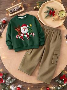2pcs Round Neck Sweatshirt Set, Printed With Santa Claus, Christmas Tree And Other Patterns, Paired With Casual Cargo Pants, Comfortable Autumn/Winter Outfit - Dark Green - View 2