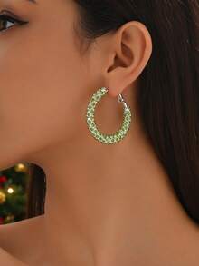 1 Pair Elegant Alloy Green Rhinestone Small Hoop Earrings For Women Christmas Party - Green E970-3CM - View 2