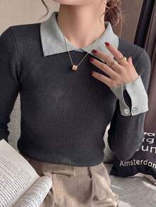 2026 Early Autumn New Colorblock Collared Knit Sweater Women's Elegant Ribbed Slim Fit Long Sleeve Base Layer Top - Grey - View 5