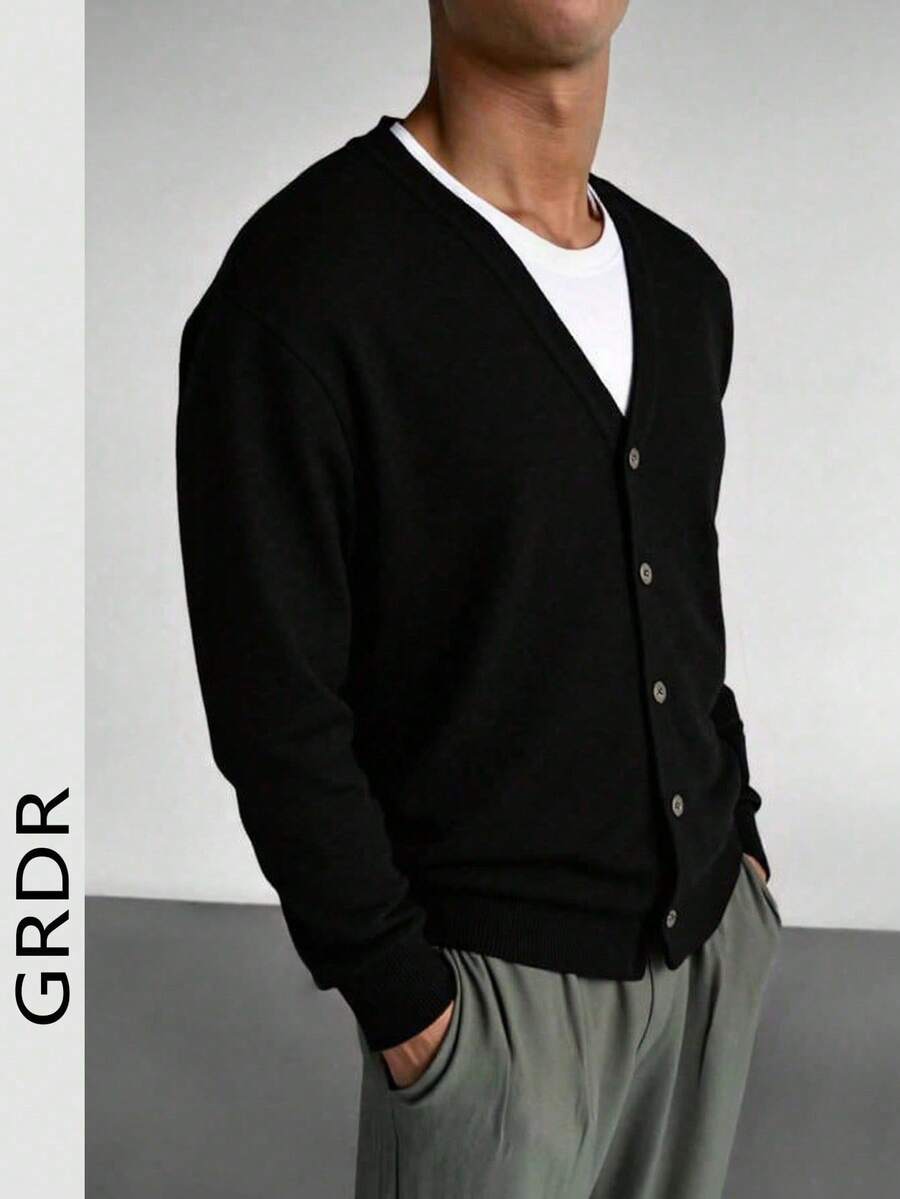 GRDR Men's Casual Solid Color Button-Up Long Sleeve Knit Cardigan
