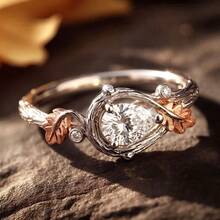 1pc Mori Style Natural Branch & Leaf Ring, Dual-Tone Metallic Texture, Daily Date Photo Atmosphere Ring - Pear-shaped Diamond Ring - View 8