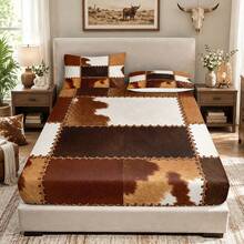 3pcs Bed Sheet Set (1PC Bed Sheet + 2pcs Pillowcases, Pillow Inserts Not Included,) Polyester Digital Print, Vintage Patchwork Cowhide Texture Pattern Bedroom Supplies, Machine Washable, Bedroom Daily Home Textile - Multicolor - View 1