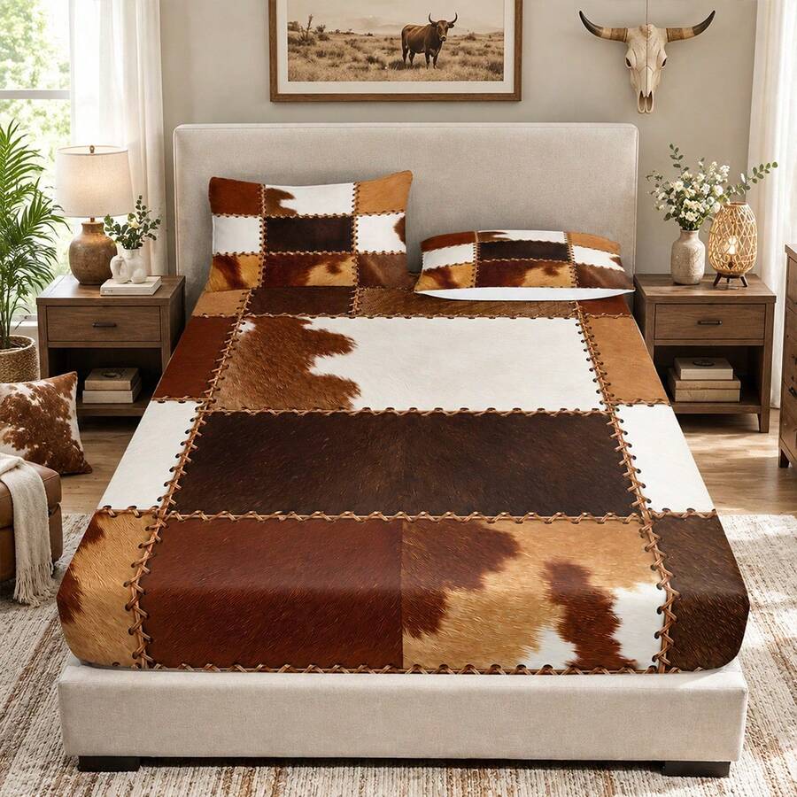 3pcs Bed Sheet Set (1PC Bed Sheet + 2pcs Pillowcases, Pillow Inserts Not Included,) Polyester Digital Print, Vintage Patchwork Cowhide Texture Pattern Bedroom Supplies, Machine Washable, Bedroom Daily Home Textile - Multicolor - View 1