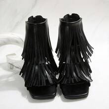 Solid Color Square Toe Tassel High-Top High Heel Sandals For Women, Back Zipper Stiletto Heel Sandals, Stage Banquet Open Toe Women's Shoes - Black - View 6
