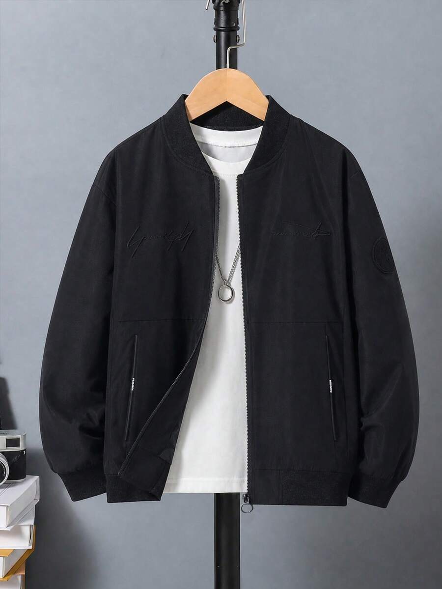 1件男童休閒字母刺繡棒球領飛行夾克,秋冬款 - 黑色 - 查看 1
