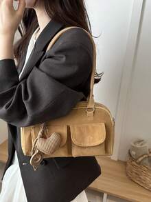 1款極簡復古拉鍊開口肩背包，口袋裝飾雙手柄手提包，適合女性日常休閒通勤使用 - 卡其色 - 查看 3