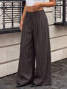 Women's Fashion Casual Autumn High Waist Striped Loose Straight Leg Pants, Versatile Outfit, Suitable For Party, Wedding, Christmas - Brown - View 5