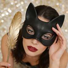 1pc Women's 3D Soft PU Leather Cat Cosplay Mask For Carnival Party, Suitable For Halloween Celebration - Black - View 1