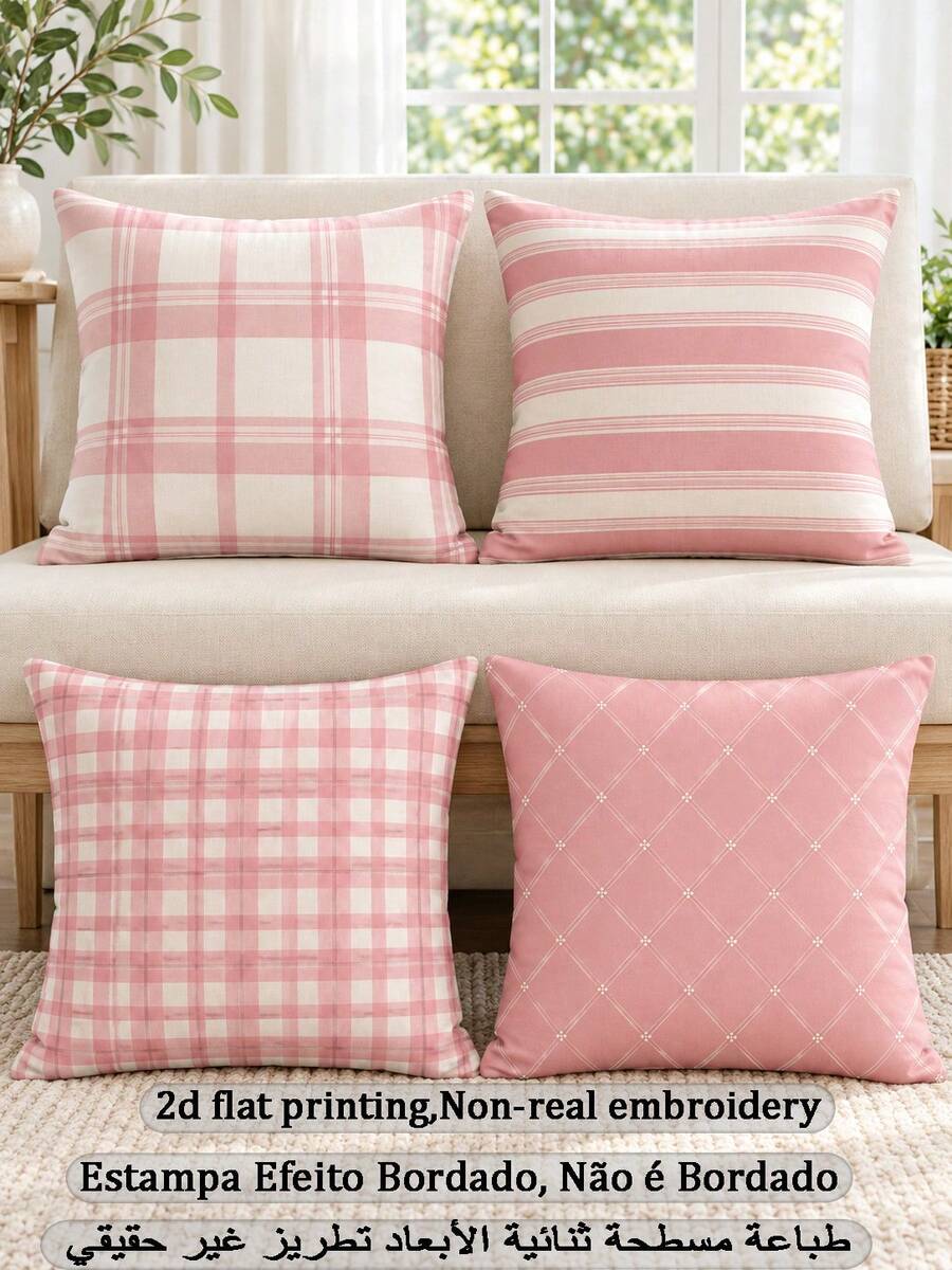 shangxia 4PCS-- Ins Fresh Pink Plaid Pattern Printed Pillow Covers, Cream Style Striped Diamond Cushion Covers, Living Room Bedroom Soft Decor Pillow Covers--(Pillow Insert Not Included)---(Multiple Sizes)---(No Embroidery)---(Single-Sided Print) - Multicolor - View 1