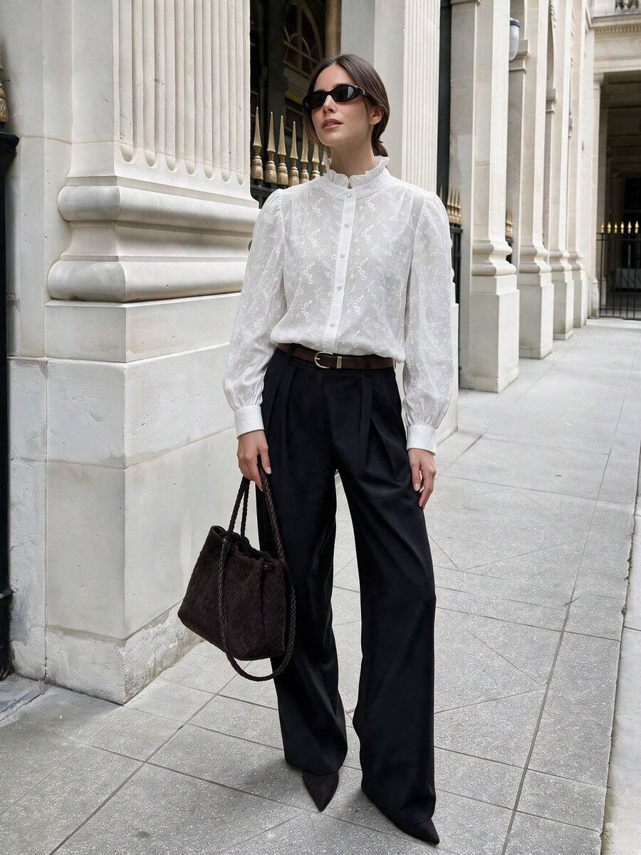 Women's Elegant Commute White Full Floral Embroidered Blouse, Lace Trim Small Stand Collar, Lantern Sleeve, Pearl Button Design, Simple Versatile, Daily, Travel, Vacation Outfit - White - View 1