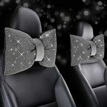 2Pcs Bling Bow Car Headrest Neck Pillow, Plush Fabric, Shiny Rhinestone Decor, Soft Neck Support, Relieve Fatigue, Comfort Travel Sleep Cushion, Cute Car Interior Accessory For Women Drivers - Style a - View 9
