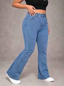 Women's Plus Size Denim Flare Pants, Mid-Waist Washed Long Pants With Pockets And Zipper Fly, Mid-Stretch, Suitable For Daily Wear, Y2K Style - Blue - View 6