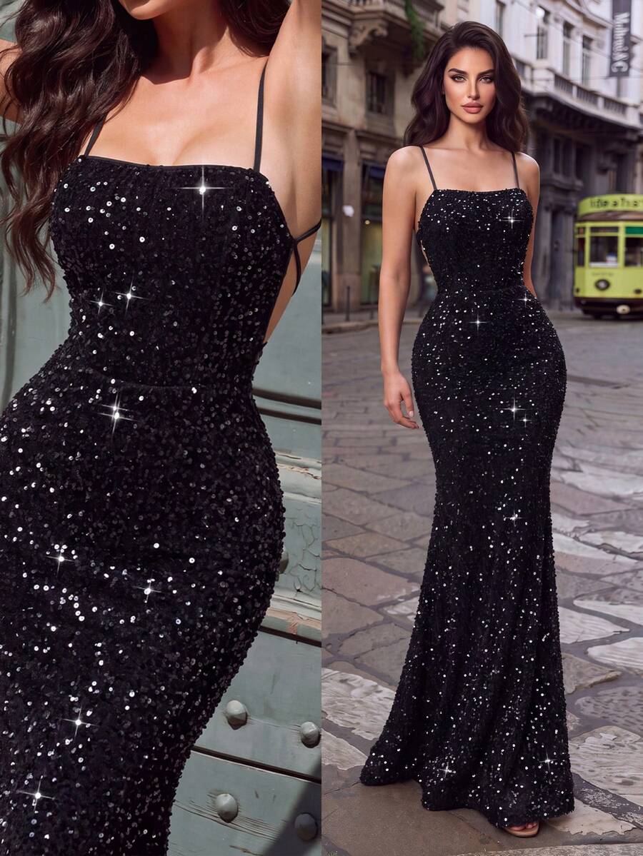 Elegant Spaghetti Strap Sequin Mermaid Evening Gown, Ruched Slim Fit Cut, Flattering Silhouette, Suitable For Formal Dinners And Red Carpet Events - Black - View 1
