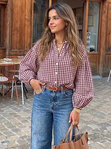 Fashionable Women's Plaid Woven Fabric Shirt, Long Puff Sleeve, Regular Length Button-Up Top, Suitable For Daily Wear - Multicolor - View 4