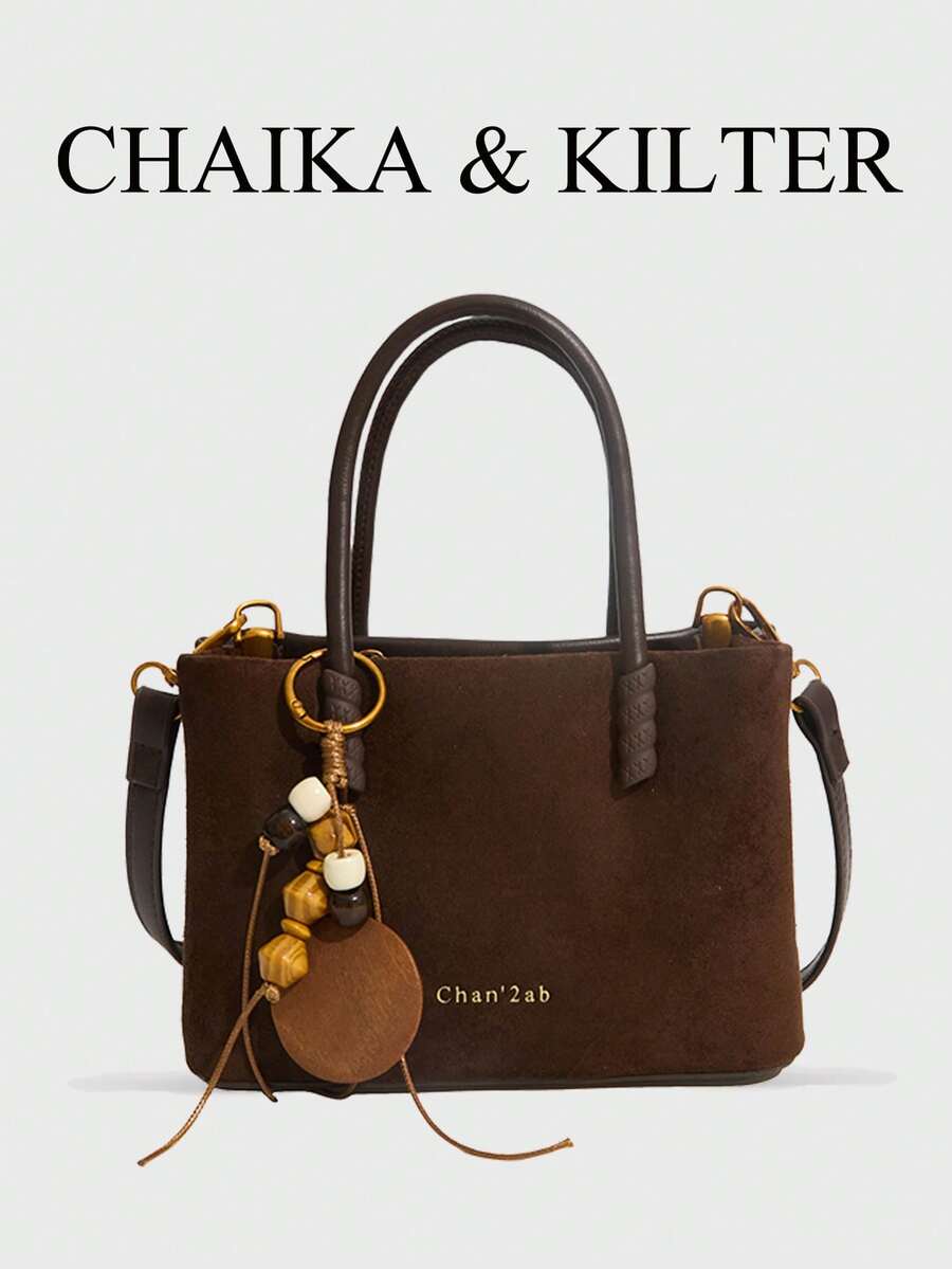 1pc Suede Fabric Square Handbag Suitable For Commuting, Shopping, Etc. (With Pendant)