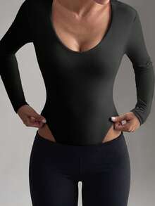 Muse Moon Women's Summer Solid Color Knitted Sexy V-Neck Fitted Basic Long Sleeve Bodysuit, Suitable For Daily Wear - Black - View 3