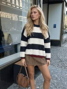 Aflion Women Fall Winter Striped Sweater Vintage Round Neck Long Sleeve Loose Pullover Suitable For Back To School, Commute, Daily Wear - Multicolor - View 8
