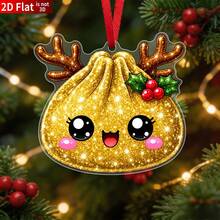 2D Flat Style, 1pc Cute Reindeer Horn Dumpling Hanging Ornament With Gold Glitter Holly Berries And Red Hanging Rope - Flat Acrylic Hanging Decoration, Suitable For Christmas Tree, Holiday, Wedding, Can Be Used As Tabletop Holiday Decor, 2D Flat Style - A - View 1