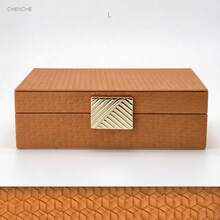 2pcs Cognac Brown Geometric Embossed PU Jewelry Box Set, Gold Wavy Zinc Alloy Metal Clasp, Velvet Lining, Luxury Storage Organizer Box For Bedroom Vanity, Home Decor Wedding Gift - Cognac Brown - View 14
