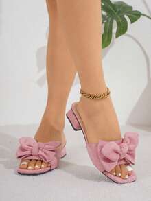 Pink Suede Bow Square Toe Low Heel Sandals For Women, Gentle Style Open Toe Mule Slippers, Outdoor Wear Flat Slide Sandals - Pink - View 4