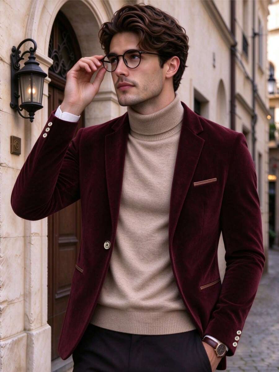 Men's Vintage Style Suit Jacket, Suitable For Formal Occasions, Business Meetings And Gatherings - Burgundy - View 1