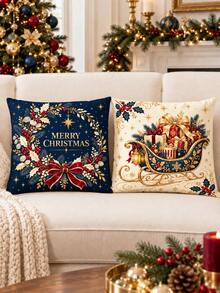shangxia 4PCS--Christmas Pattern Printed Pillow Covers, Deep Blue Background With Gold Christmas Tree, Vintage Copper Bell, Christmas Sleigh, Gift Box, Red Bow, Living Room Soft Decoration Sofa Cushion Covers---Pillow Inserts Not Included - Navy Blue - View 7