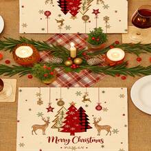 2Pcs Xmas Table Placemats Vintage Farmhouse Christmas Tree Elk Print Heat Resistant Table Mats Christmas Party Tabletop Decoration - Apricot - View 1