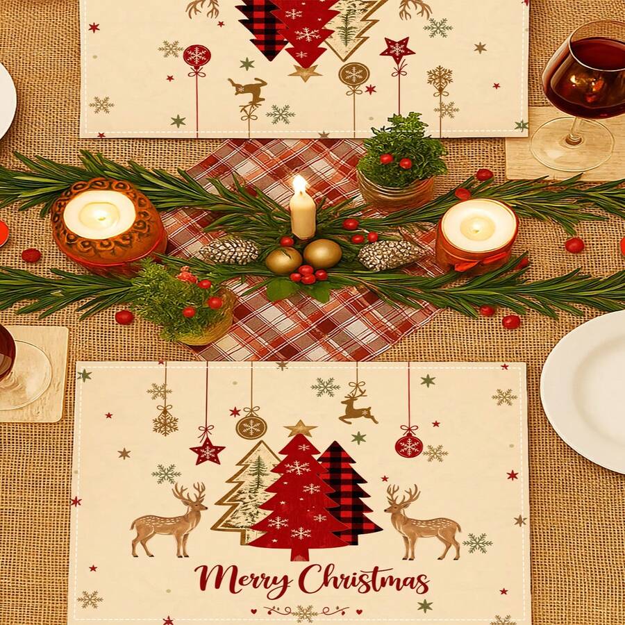 2Pcs Xmas Table Placemats Vintage Farmhouse Christmas Tree Elk Print Heat Resistant Table Mats Christmas Party Tabletop Decoration - Apricot - View 1