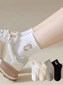 4 Pairs Women Letter C Pattern Mid-Calf Socks, Ribbed Soft Daily Casual Socks, Multi Colors - Multicolor - View 8