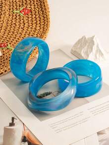 3pcs Asymmetric Geometric Round Resin Bracelets, Fashion Minimalist Versatile Acrylic Bangles - Baby Blue - View 5