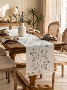 1pc Blue Branch Embroidered Table Runner, Vintage Farmhouse Style Natural Tassel Rectangular Table Scarf For Coffee Table, TV Stand, Entryway, Suitable For Holidays, Parties, Weddings, Dining Room, Living Room, Office, All Seasons - Blue and White - View 1