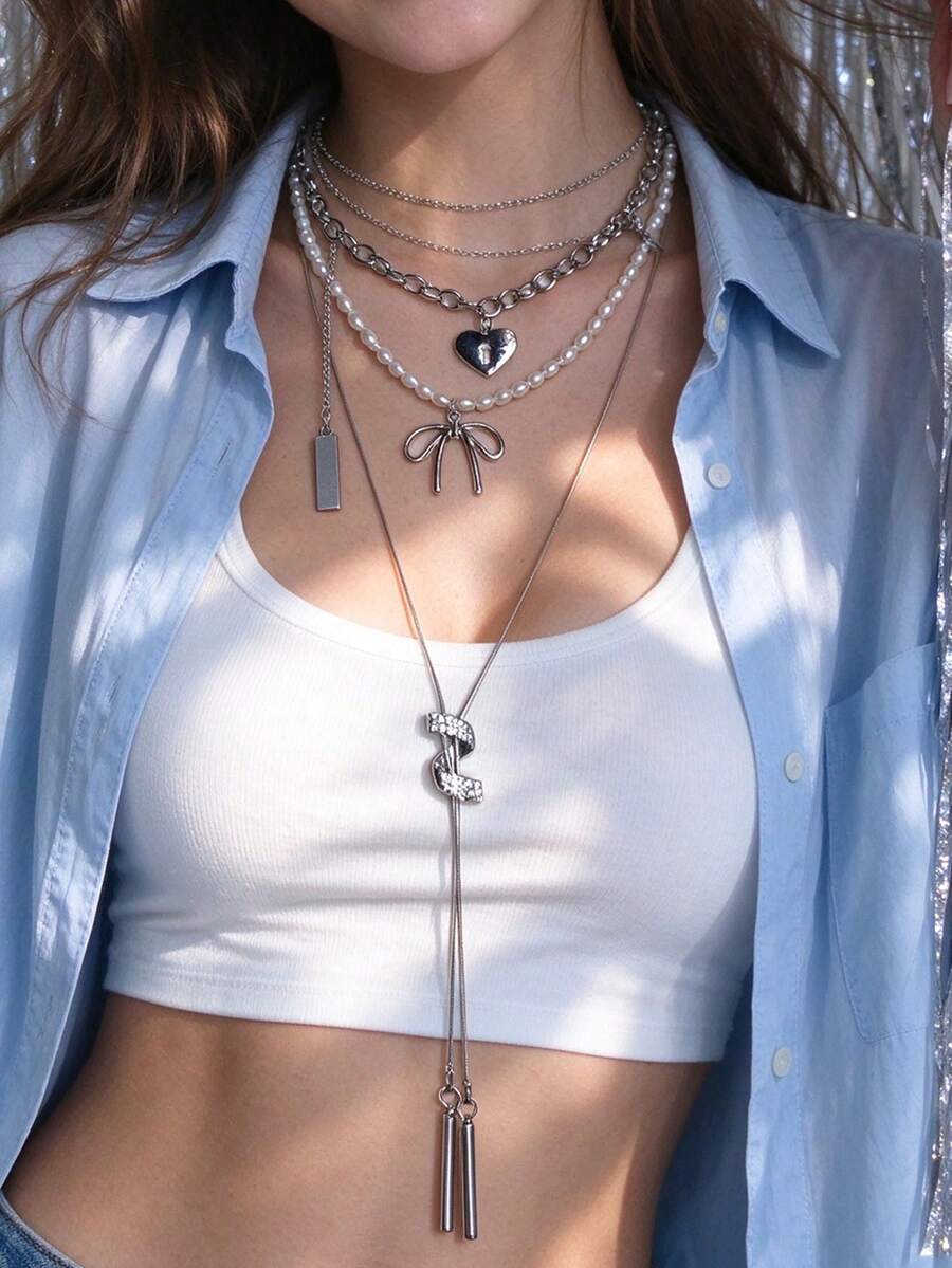 3pcs Bowknot Necklace, Heart Chain Necklace, Geometric Tassel Long Necklace, Fashion Elegant Style. - Silver - View 1