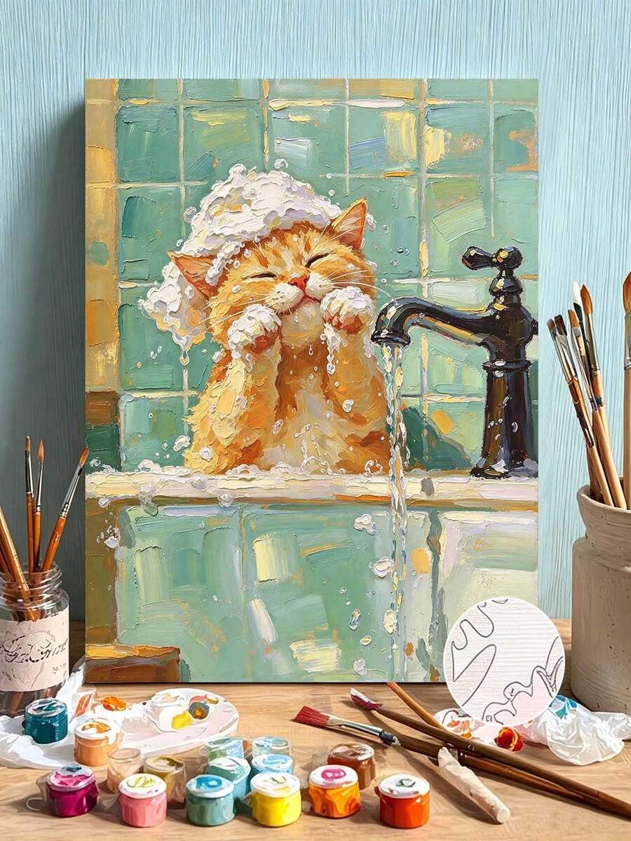 DIY Digital Painting Tool Kit, Cute Kitten Bathing Foam Canvas Painting ...