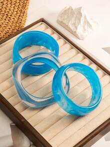 3pcs Asymmetric Geometric Round Resin Bracelets, Fashion Minimalist Versatile Acrylic Bangles - Baby Blue - View 3