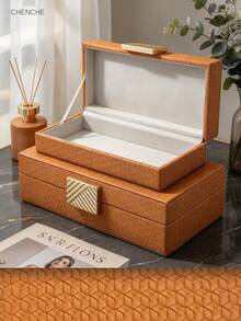 2pcs Cognac Brown Geometric Embossed PU Jewelry Box Set, Gold Wavy Zinc Alloy Metal Clasp, Velvet Lining, Luxury Storage Organizer Box For Bedroom Vanity, Home Decor Wedding Gift - Cognac Brown - View 5