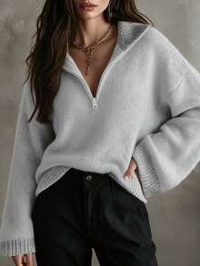Women's Light Gray Contrast Trim Half Zip Stand Collar Drop Shoulder Oversized Knit Pullover Sweater, Casual Versatile Fall Winter Daily Wear - Light Grey - View 7