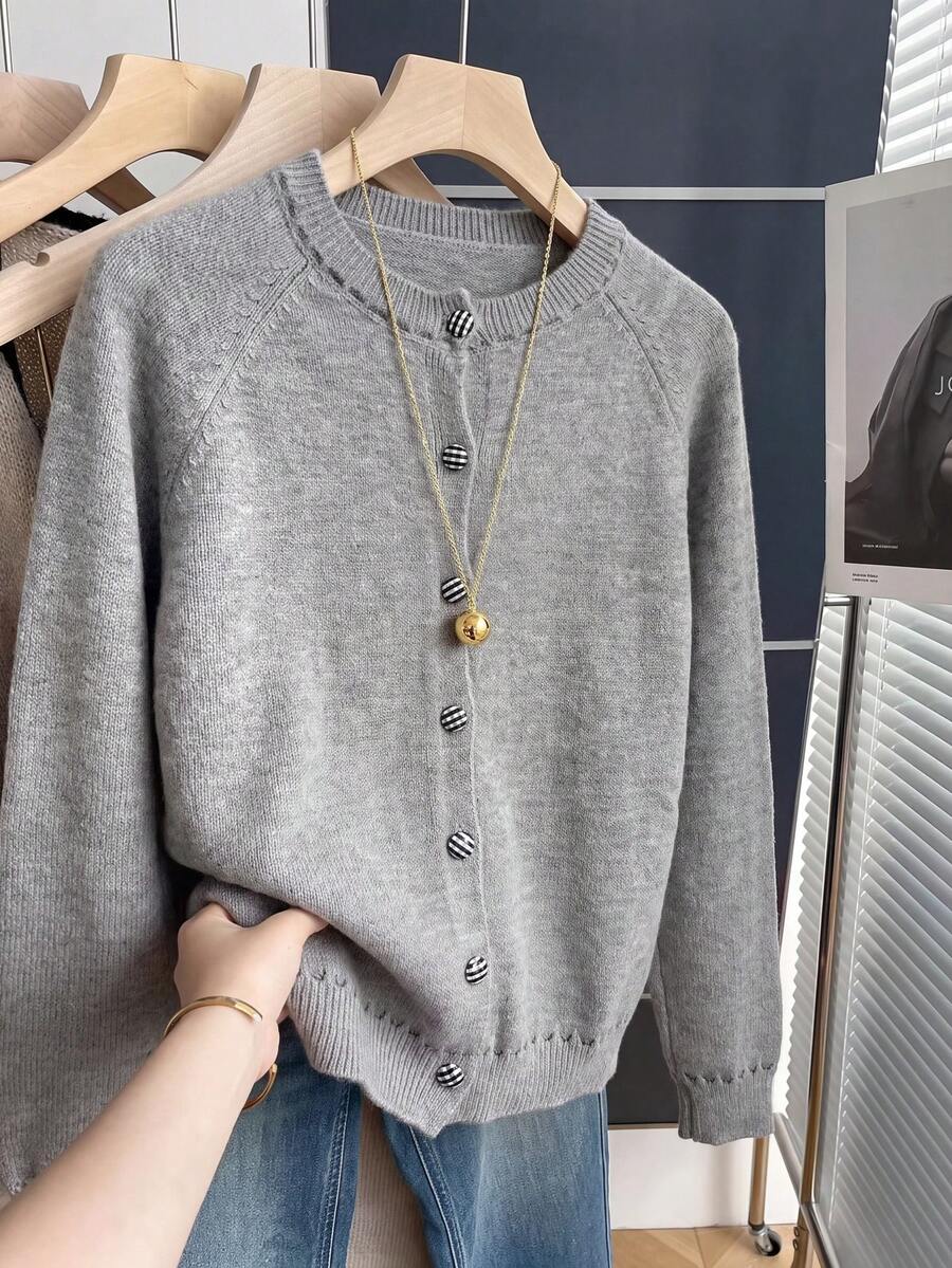 Women's Ribbed Trim Knit Cardigan, Loose Long Sleeve Button-Up Top, Suitable For Christmas, Halloween, Thanksgiving And Daily Wear - Grey - View 1