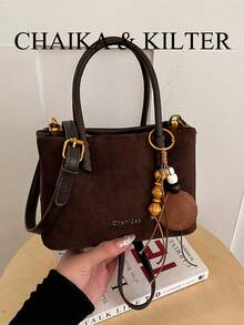 1pc Suede Fabric Square Handbag Suitable For Commuting, Shopping, Etc. (With Pendant) - Coffee - View 9