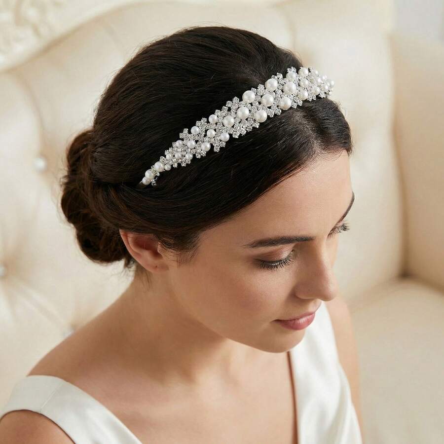 Bridal Headpiece High-End Pearl Rhinestone Headband Minimalist Dress Accessory Headband - Silver - View 1